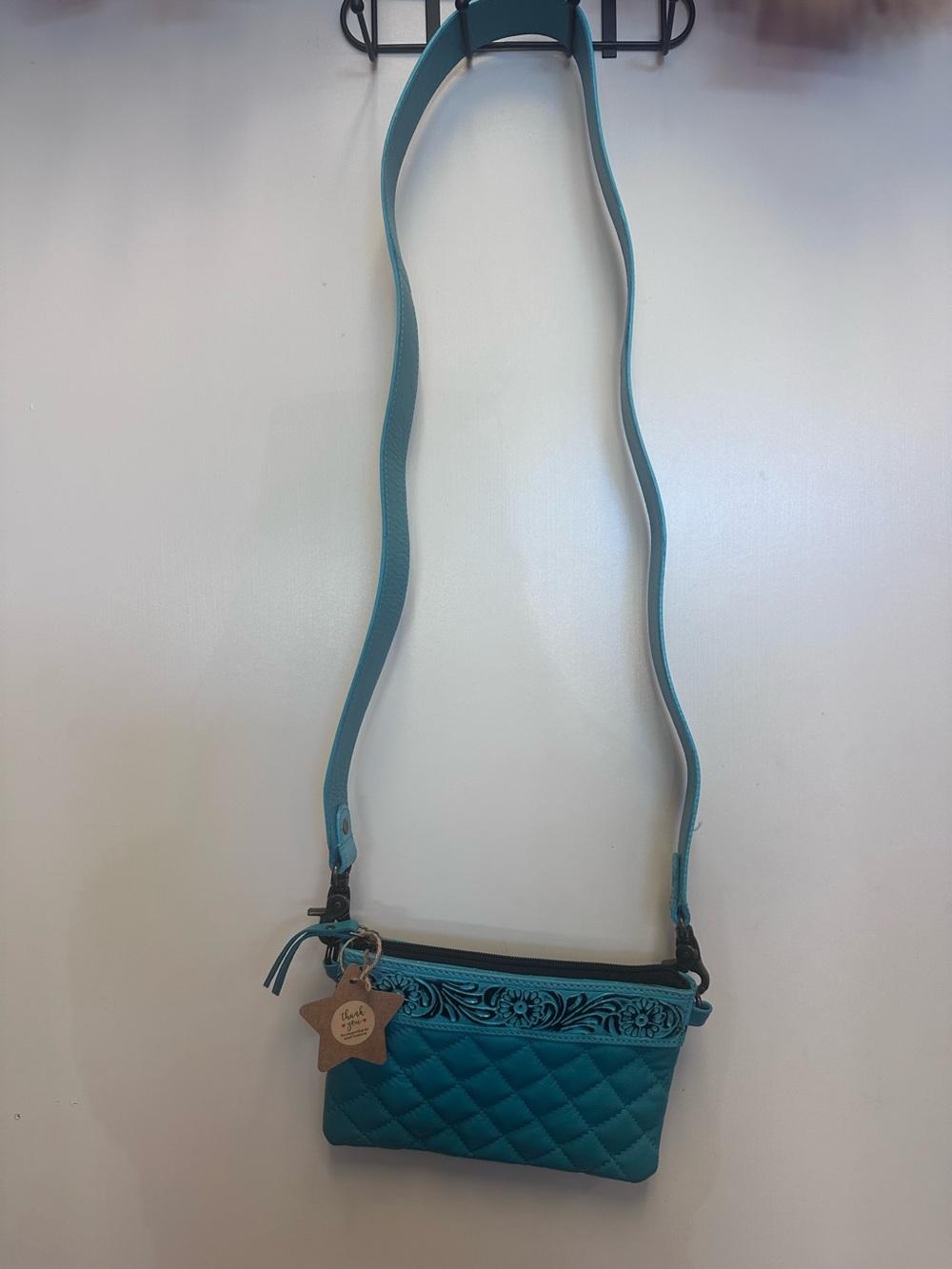 Teal Quilted Crossbody Bag with Floral Trim